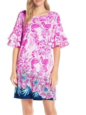 Lilly Pulitzer Pink Flamingo Floral Shift Dress with Blue Border